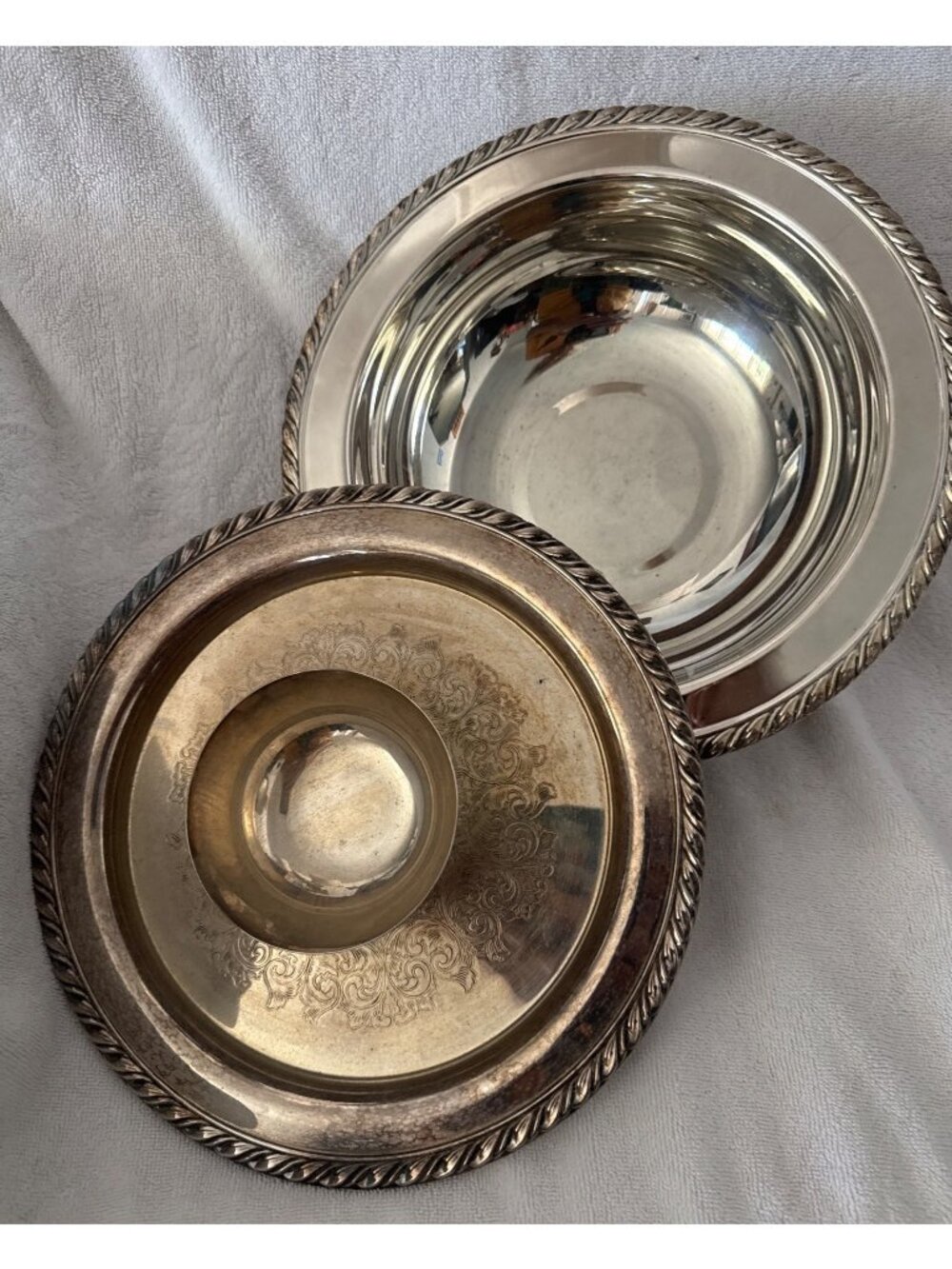 2 Vintage Silver Plated Serving Bowl & Tray Rope Trim